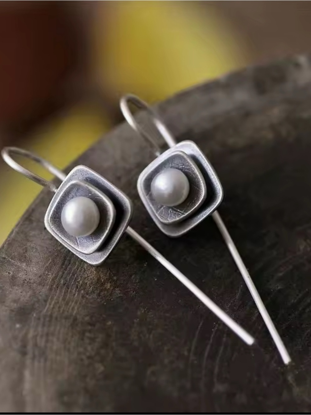 Sterling Silver Square Drop Earrings with White Pearl Accent